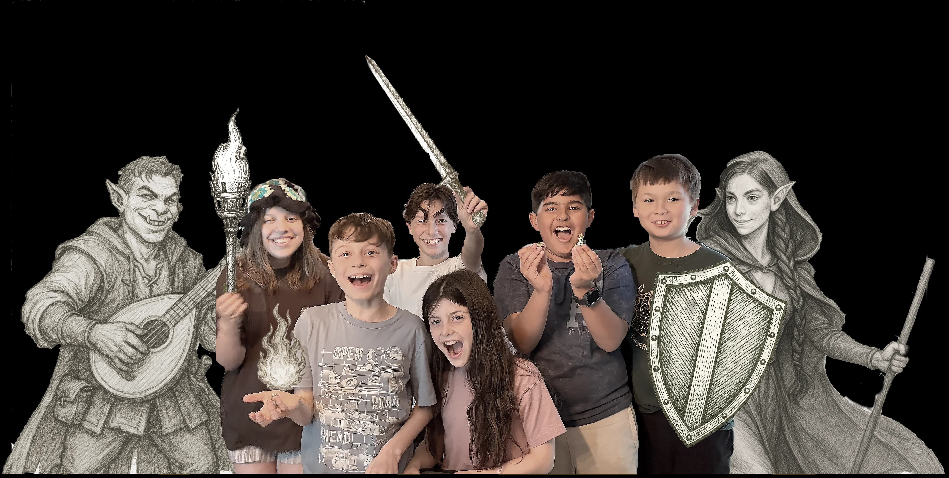 Kids on an adventure, illustrated over a fantasy map
